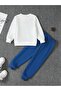 California Pocket Printed Cotton Kids Set White Sweatshirt Sax Jogger-Kids Crew Neck Winter - 2
