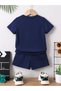 Losangeles Cityofangels Printed Navy Blue Children's Shorts T-Shirt Suit-Children's Summer Crew Neck - 2