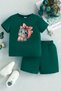 Tiny Cat Printed Nefti Green Children's Shorts T-Shirt Set - Girls Boys Summer Crew Neck