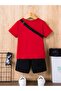 Smiling Face Cotton Kids Set - Red T-shirt and Black Shorts, Crew Neck - 2