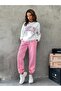 Brooklyn Tracksuit Set White Sweatshirt Pink Jogger - Printed Oversize Hooded Crew Neck - 4