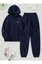 California Minimal Lettering Tracksuit Set Sweatshirt Jogger - Navy Blue Printed Hooded