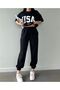 USA T-shirt Sweatpants Jogger- Black Printed Bottom Top Tracksuit Set Oversize Crew Neck