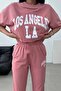 Los Angeles T-shirt Sweatpants Jogger- Pink Printed Bottom Top Tracksuit Set Oversize Crew Neck - 2