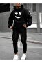 X Heart Face Tracksuit Set Sweatshirt Jogger Pants - Black Printed Oversized Brushed Inside Hooded
