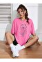 Floral Pattern T-shirt - Pink Printed Oversize Crew Neck Short Sleeve T-Shirt