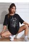 Floral Pattern T-shirt - Black Printed Oversize Crew Neck Short Sleeve T-Shirt - 5