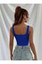 Strappy Corded Fabric Cropped Top Blouse - Cobalt Blue - 2