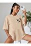Minimal Heart T-shirt - Light Brown Printed Oversize Crew Neck Short Sleeve T-Shirt - 3
