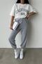 California White USA T-shirt Gray Sweatpants Jogger - Printed Bottom Top Set Oversize Crew Neck - 2