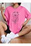 Floral Pattern T-shirt - Pink Printed Oversize Crew Neck Short Sleeve T-Shirt - 2