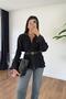 Women's Gathered Ruffled Thin Black Shirt - 2