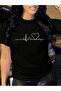 Rhythmic Heart T-Shirt - Black Printed Oversize Crew Neck Short Sleeve Loose Fit