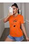Women's Silhouette Figure T-shirt - orange, Printed, Crew Neck, Printed, Short Sleeve, Boyfriend, Loose - 3