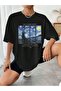Starry Night T-Shirt - Black Printed Oversize Crew Neck Short Sleeve Loose Fit