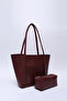Burgundy Shk80 Faux Leather Large Size Shoulder Bag with Front Pocket and Snap Fastener Makeup Bag