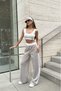 Women's Beige Kompac Jersey Wide-Leg Striped Sweatpants with Waist Detail - 4
