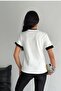Women's White Round Neck Stripe Detailed 100% Cotton T-Shirt - 4