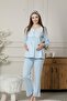 Maternity Pajama Set - Blue Lace Detailed Long Sleeve with Headband 2378