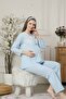 Maternity Pajama Set - Blue Lace Detailed Long Sleeve with Headband 2378 - 4