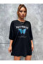 Women's Butterfly Printed Oversized Short Sleeve T-Shirt - Black - 4