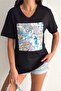 Women's Black V-Neck Plus Size Sequin Sequin Embroidered 100% Cotton T-Shirt