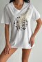 Women's White V-Neck Plus Size Feather Pattern Sequin Sequin Embroidered 100% Cotton T-Shirt - 5