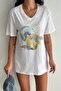 Women's White V-Neck Plus Size Sequin Sequin Embroidered 100% Cotton T-Shirt - 3