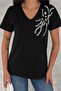 Women's Black V-Neck Shoulder Sequin Embroidered 100% Cotton T-Shirt