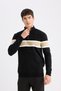 Black Standard Fit Regular Cut Stand Collar Zippered Striped Knitwear Sweater Y4193Az24Wn - 3