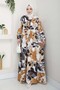 Patterned Hijab Dress Beige 4731