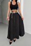 Women's Black Stone Detailed Crush Effect Long Flared Skirt - 6