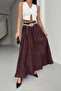 Women's Burgundy Stone Detailed Crush Effect Long Flared Skirt - 5