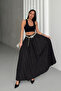 Women's Black Stone Detailed Crush Effect Long Flared Skirt - 2