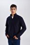 Navy Blue Anti-Pilling Cold-Proof Regular Fit Stand Collar Zippered Fleece Sweatshirt Y3996Azns - 3