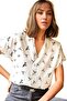Women's Bird Patterned Batwing Short Sleeve Viscose Shirt with Buttons - 5