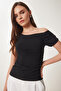 Women's Black Gather Detailed Knitted Blouse Zv00275 - 2