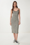 Women's Black Cream Strap Patterned Midi Knitted Dress Wo00045
