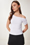 Women's White Gather Detailed Knitted Blouse Zv00275