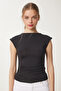 Women's Black Gathered Sandy Crop Blouse An00229 - 4