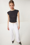 Women's Black Gathered Sandy Crop Blouse An00229
