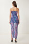 Women's Purple Pink Patterned Strapless Midi Knitted Dress Wo00048 - 7