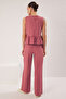 Pink Linen Look Crew Neck Blouse and Pants Woven Bottom-Top Set Twoss25Au00081 - 6