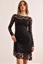 Women's Black Lined Draped Detailed Lace Dress Elb- 19002367