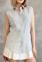 Zero Sleeve Khaki Striped Cotton Linen Women's Shirt - 7