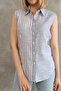 Zero Sleeve Navy Blue Striped Cotton Linen Women's Shirt - 2