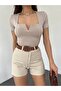 Women's Beige Sandy Fabric Square Neck Crop - 2