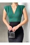 Women's Green V-Neck Padded Crepe Crop - 2
