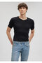 Rib Detailed V-Neck Black T-Shirt Fitted / Fitted Cut 061313 -902 - 2