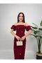 Exclusive Design Pearls Rhinestone Off Shoulder Square Neckline Burgundy Evening Dress - 5